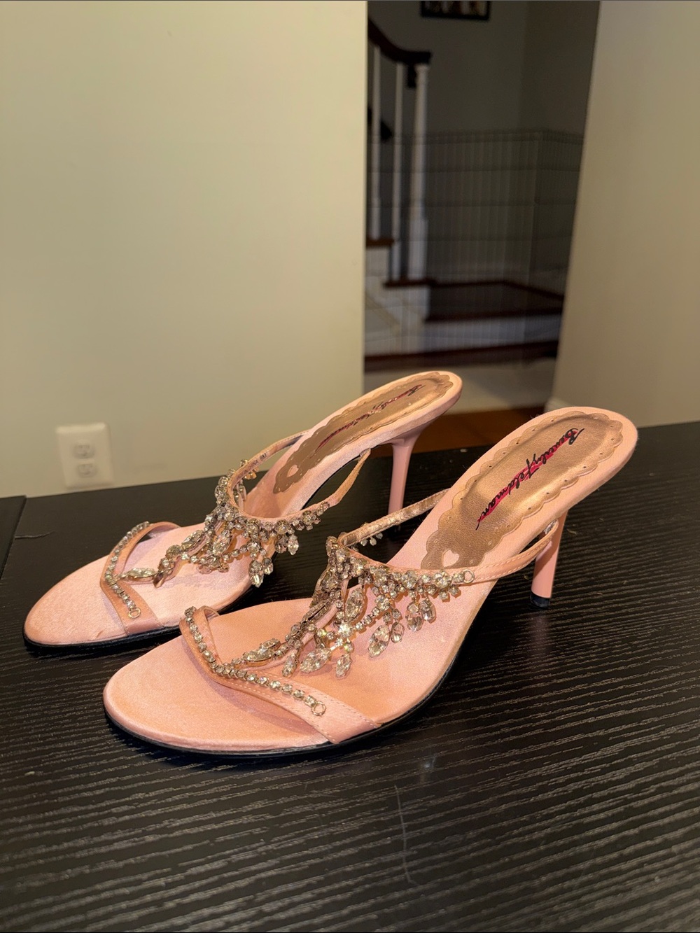 Beverly Feldman Blush Pink Satin Crystal T-Strap Heels
